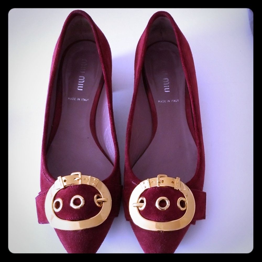 Miu Miu Burgundy Suede Buckle Flats